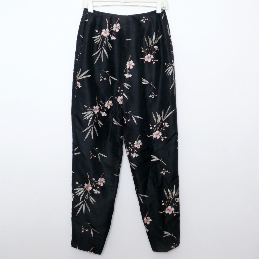 Black SILK dark floral embroidered  cherry blossom crop pants